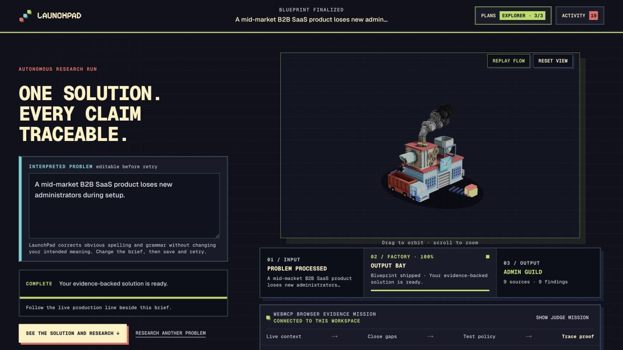 LaunchPad showing a completed research run beside its interactive voxel factory